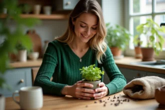 Femme plantant des graines de persil dans un pot en intérieur
