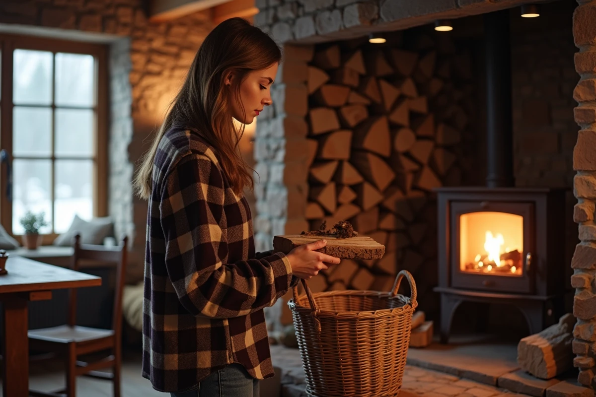 Jeune femme préparant du bois près de la cheminée intérieure