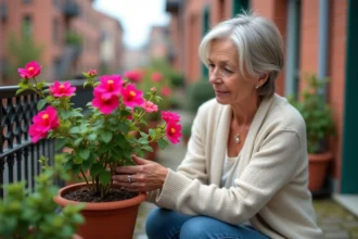Femme âgée prune un bougainvillea sur balcon urbain