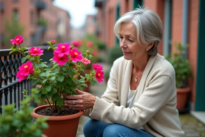 Femme âgée prune un bougainvillea sur balcon urbain
