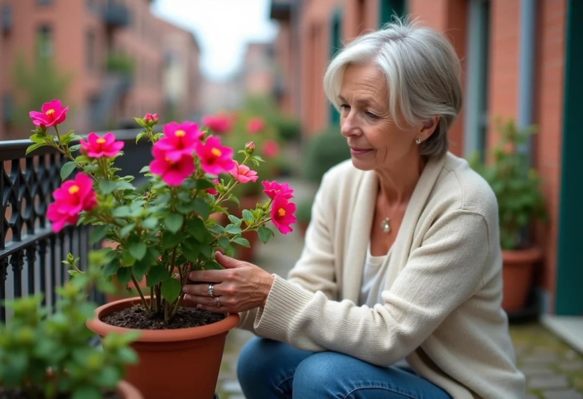 Femme âgée prune un bougainvillea sur balcon urbain