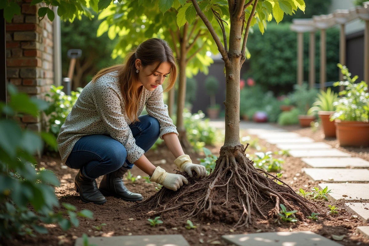 Jeune femme dégageant des racines de figuier dans son jardin