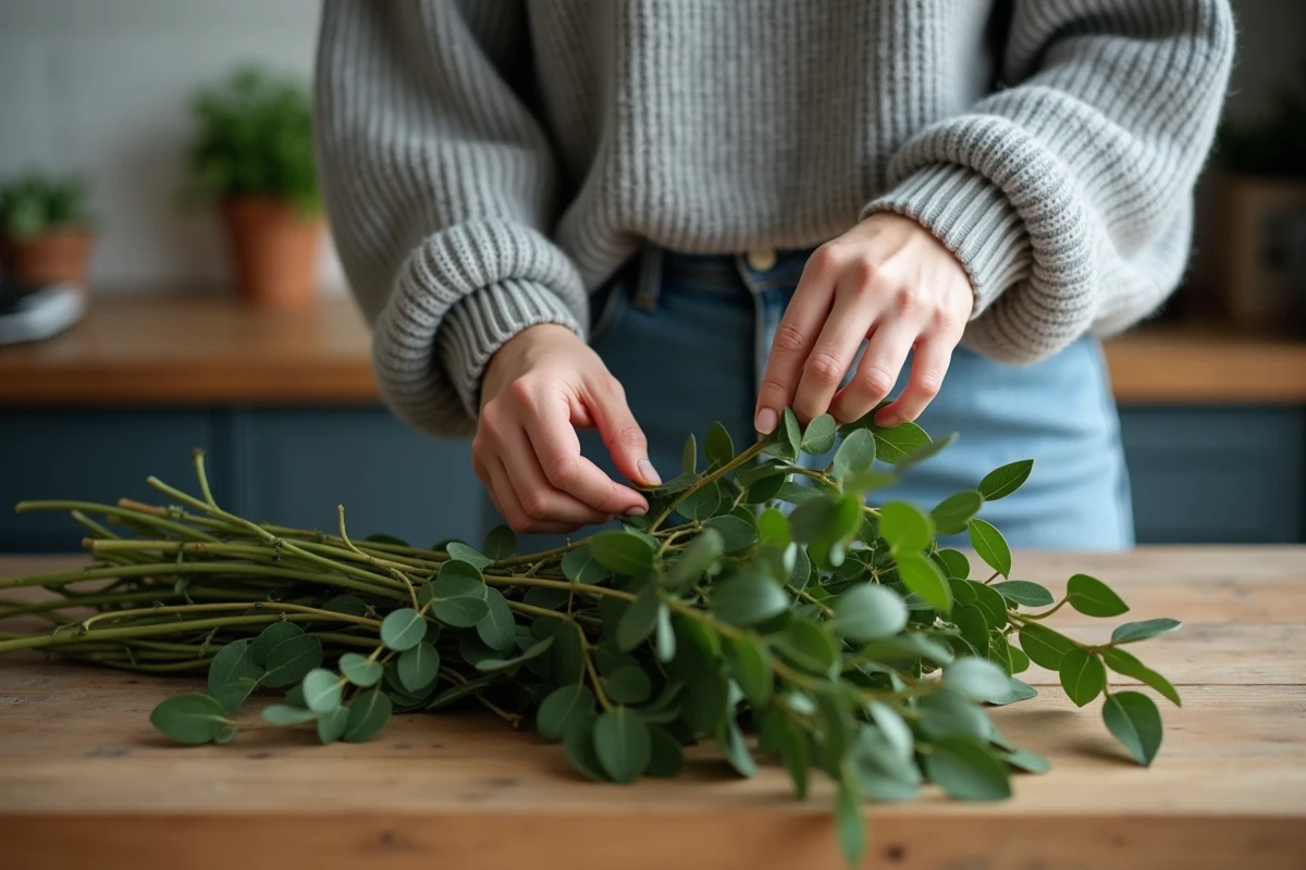 Femme en cuisine manipulant un bouquet de laurier frais