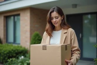Femme examinant un colis devant un immeuble résidentiel