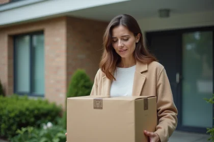 Femme examinant un colis devant un immeuble résidentiel