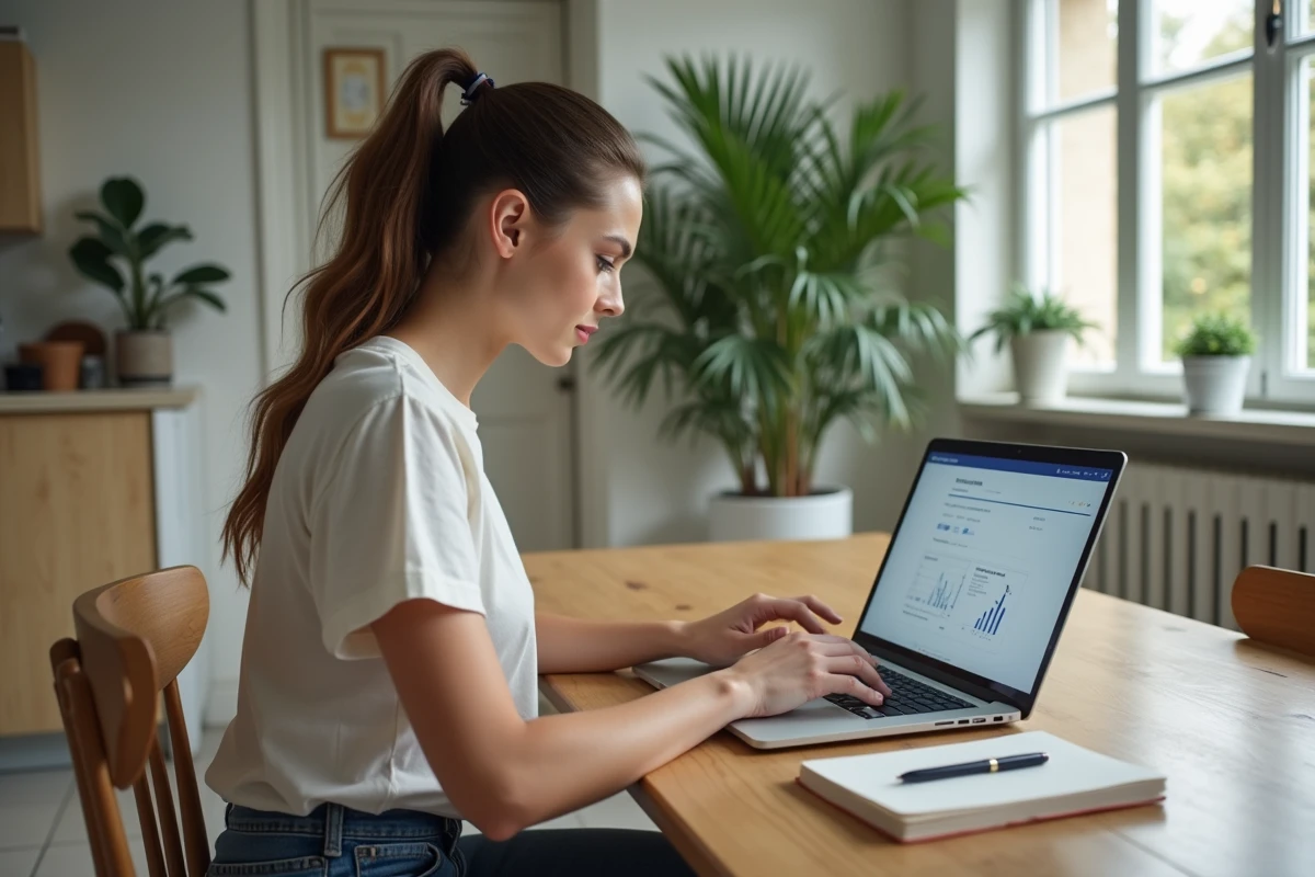 Jeune femme utilise un ordinateur pour calcul de piscine