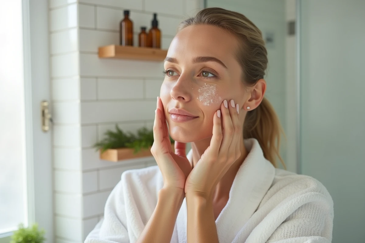 Femme appliquant un sérum à base d'aneth Peucedanum graveolens sur sa peau dans une salle de bain moderne