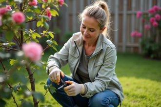 Femme taillant un rosier dans un jardin paisible au printemps
