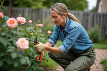 Femme en denim taillant un rosier dans le jardin