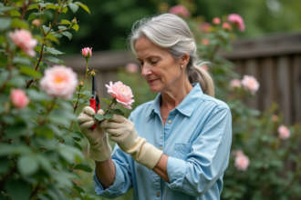 Femme taillant des roses dans un jardin verdoyant