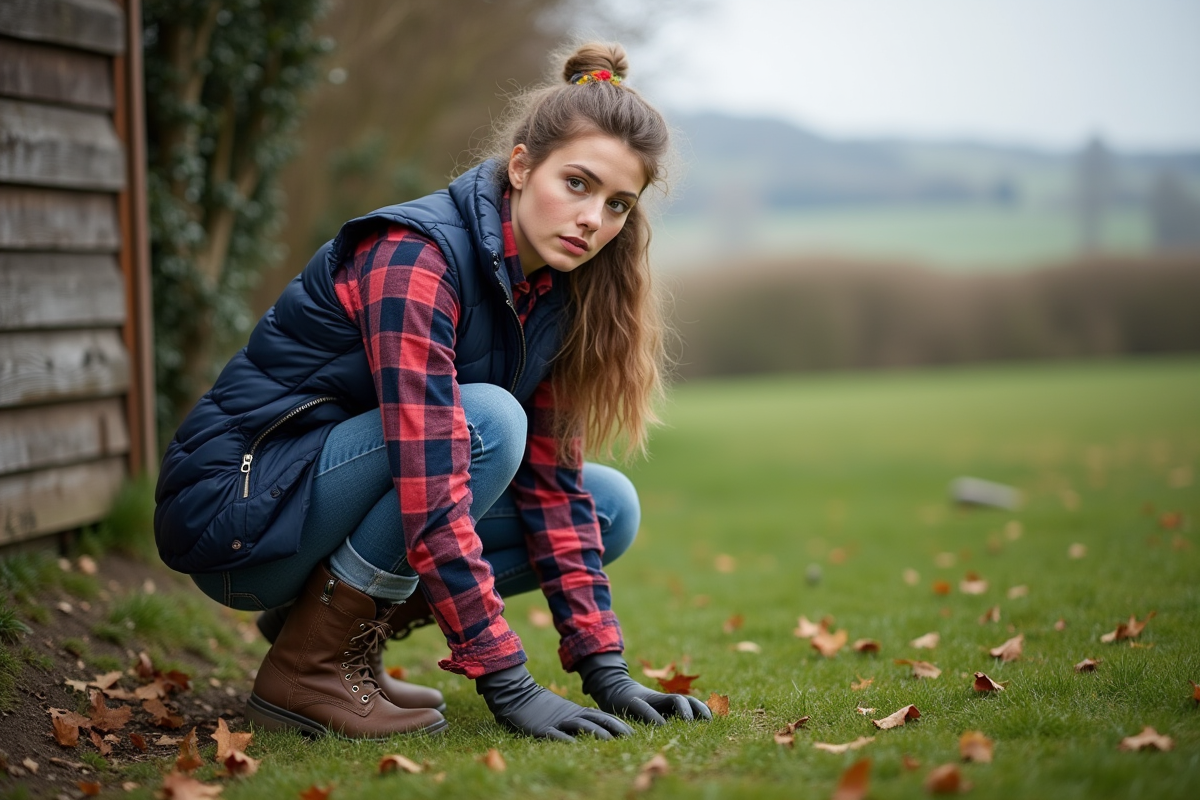 Jeune femme inspectant le gazon dans un jardin rural