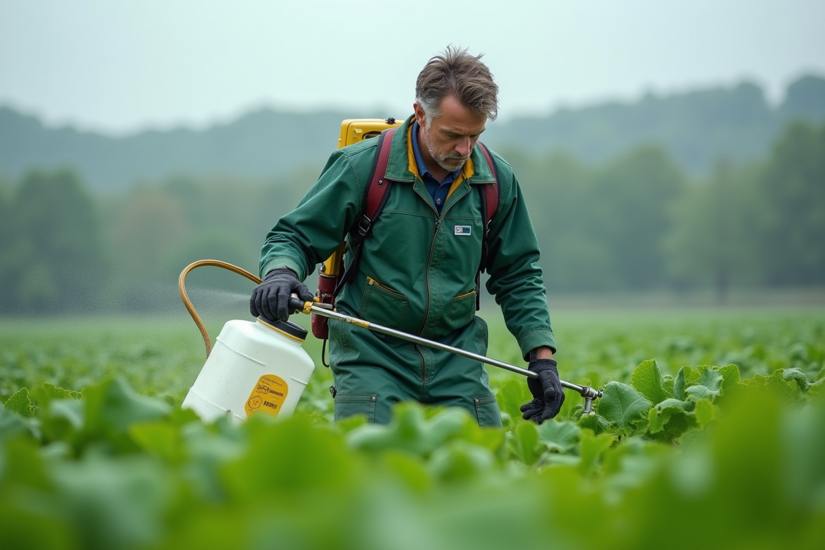 Fermier en tenue verte appliquant un fongicide dans un champ verdoyant