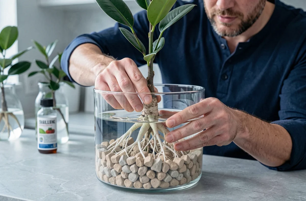 Homme transplantant un ficus lyrata en hydroponie dans un récipient en verre avec billes d'argile et eau visible