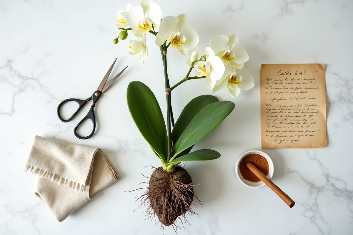 Vue de dessus d'un orchidée taillé posé sur marbre blanc avec ciseaux, cannelle et notes de soins botaniques