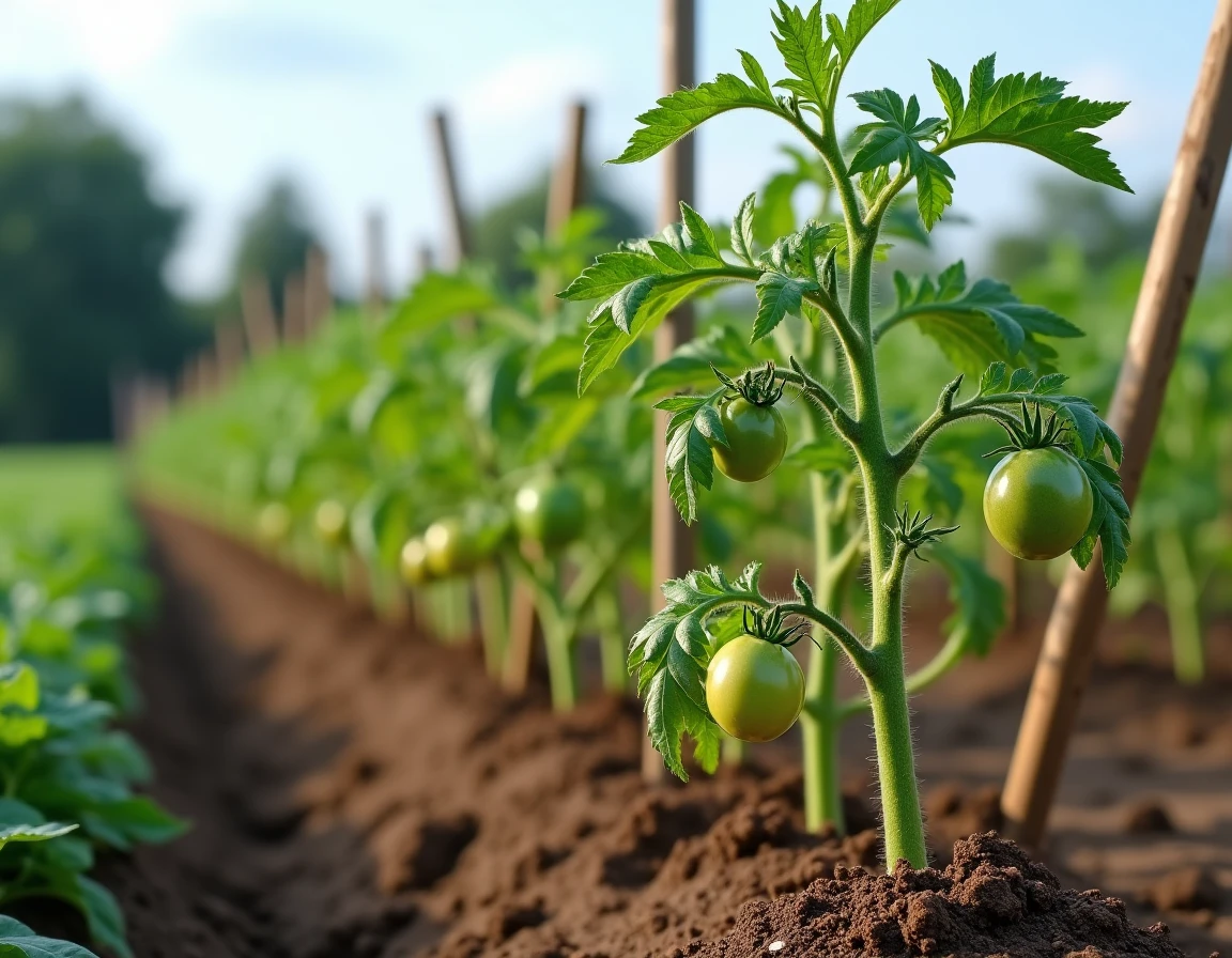 Plant de tomate entier montrant un flétrissement fusarien asymétrique dans un potager extérieur