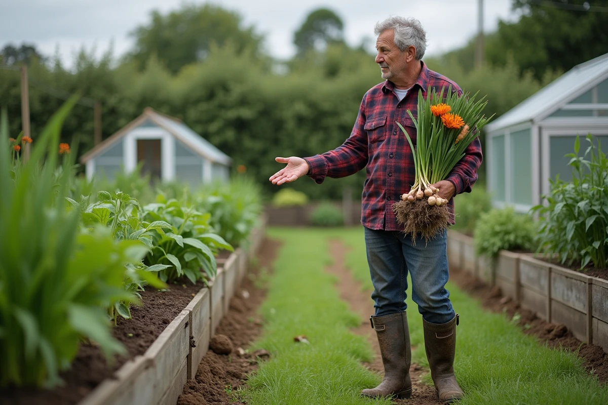 Homme tenant des bulbes de fritillaires impériales pour éloigner les taupes dans un potager