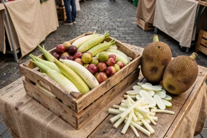 Caisse de marché remplie de fruits et légumes en J comme le jacquier et la jicama sur une table en bois rustique