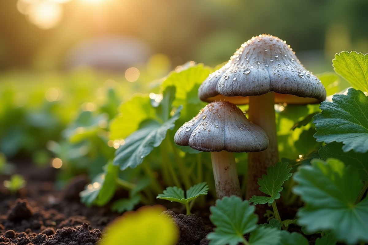 Girolles grises parmi légumes dans un jardin au matin