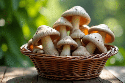 Cueillette de girolles grises dans un panier en osier