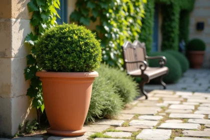 Grand pot de fleur extérieur 100 cm en terre cuite sur terrasse en pierre avec buis et lierre dans un jardin français