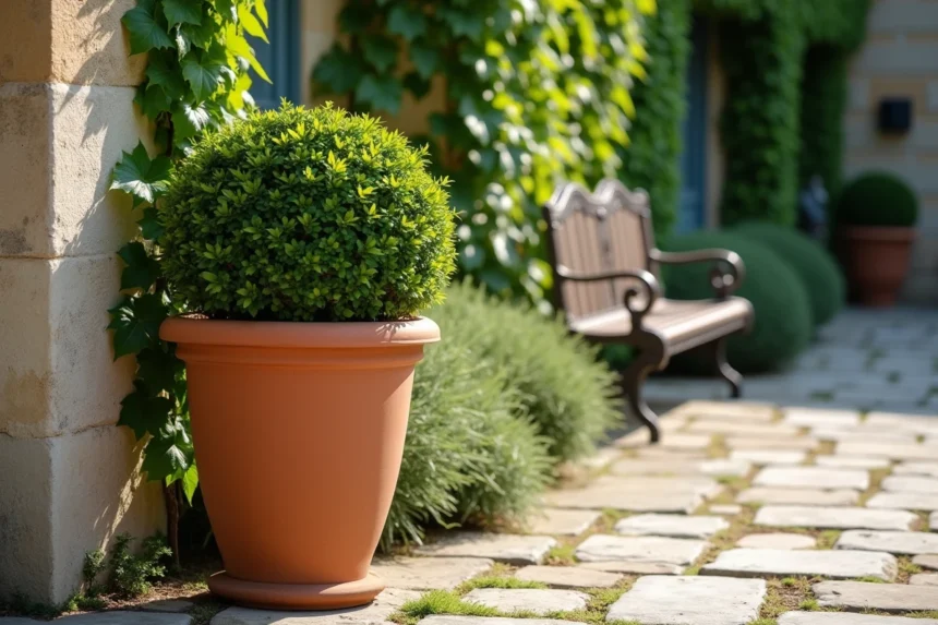 Grand pot de fleur extérieur 100 cm en terre cuite sur terrasse en pierre avec buis et lierre dans un jardin français