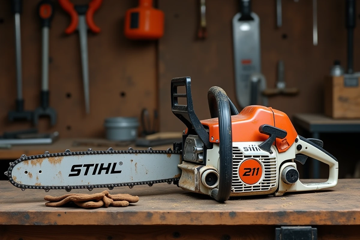 Gros plan sur la chaîne et le guide-chaîne de la tronçonneuse thermique STIHL MS 211 posée sur un établi d'atelier rural