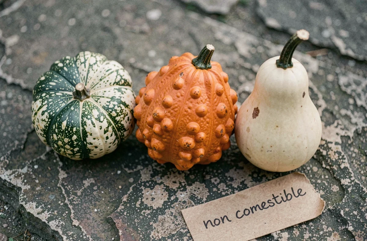 Gros plan sur trois courges décoratives non comestibles aux textures distinctes posées sur une surface en pierre avec une mention manuscrite d'avertissement