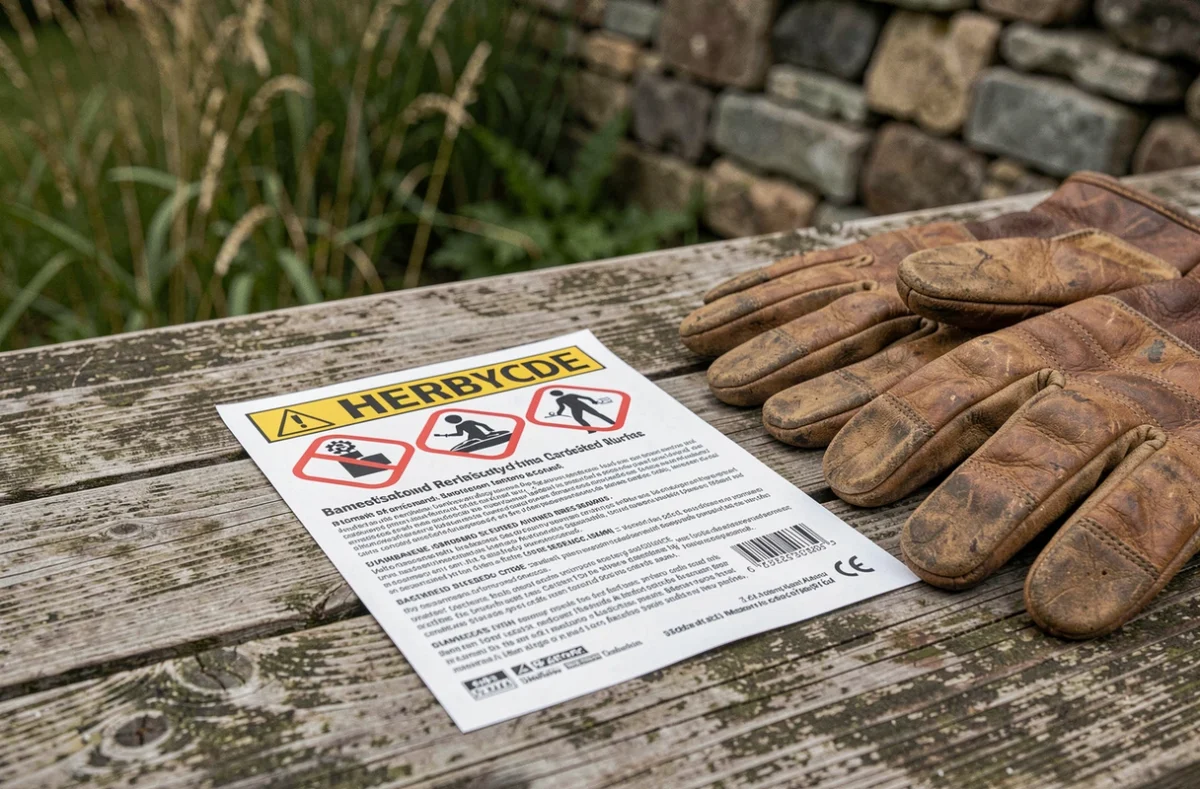 Gros plan sur l'étiquette d'un débroussaillant posé sur une table en bois avec mentions d'interdiction et pictogrammes de danger visibles