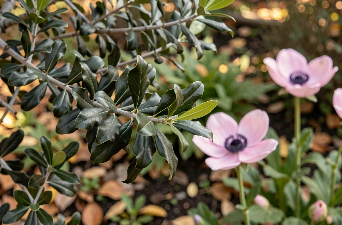 Gros plan sur les feuilles ondulées du Pittosporum Kohuhu associées à des anémones japonaises roses dans un massif d'automne