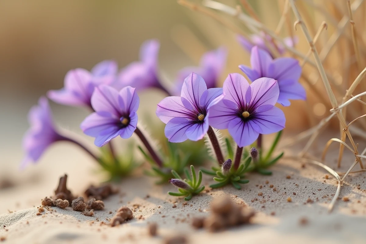 Gros plan sur les fleurs violettes de roquette de mer (Cakile maritima) dans les dunes côtières en fleur