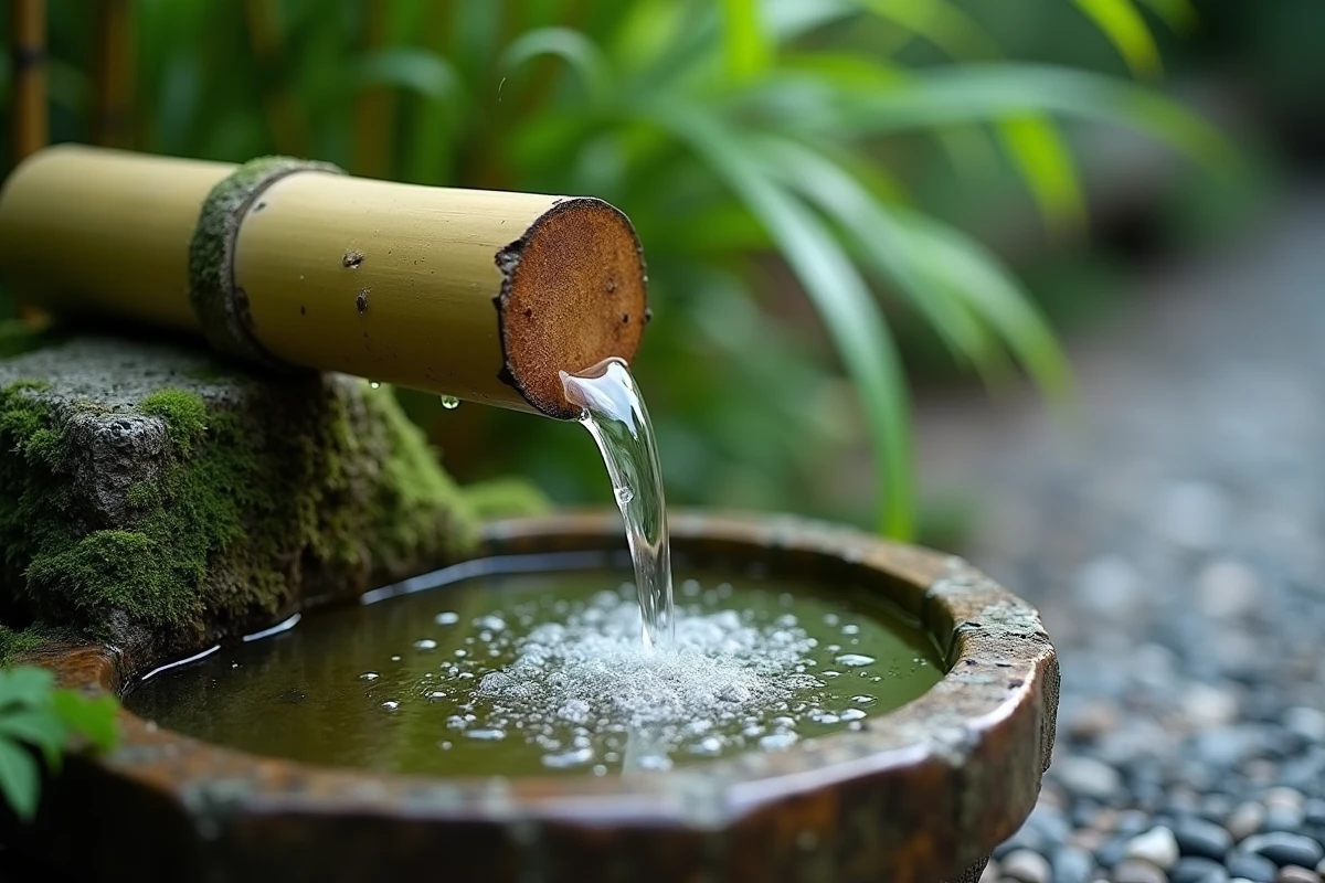 Gros plan sur un bec verseur en bambou avec filet d'eau tombant dans un bassin en pierre moussue, style jardin zen japonais