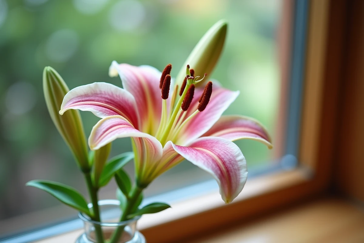Gros plan d'un lys Stargazer en fleur dans un vase en verre posé sur un rebord de fenêtre, avec étamines et pollen visibles