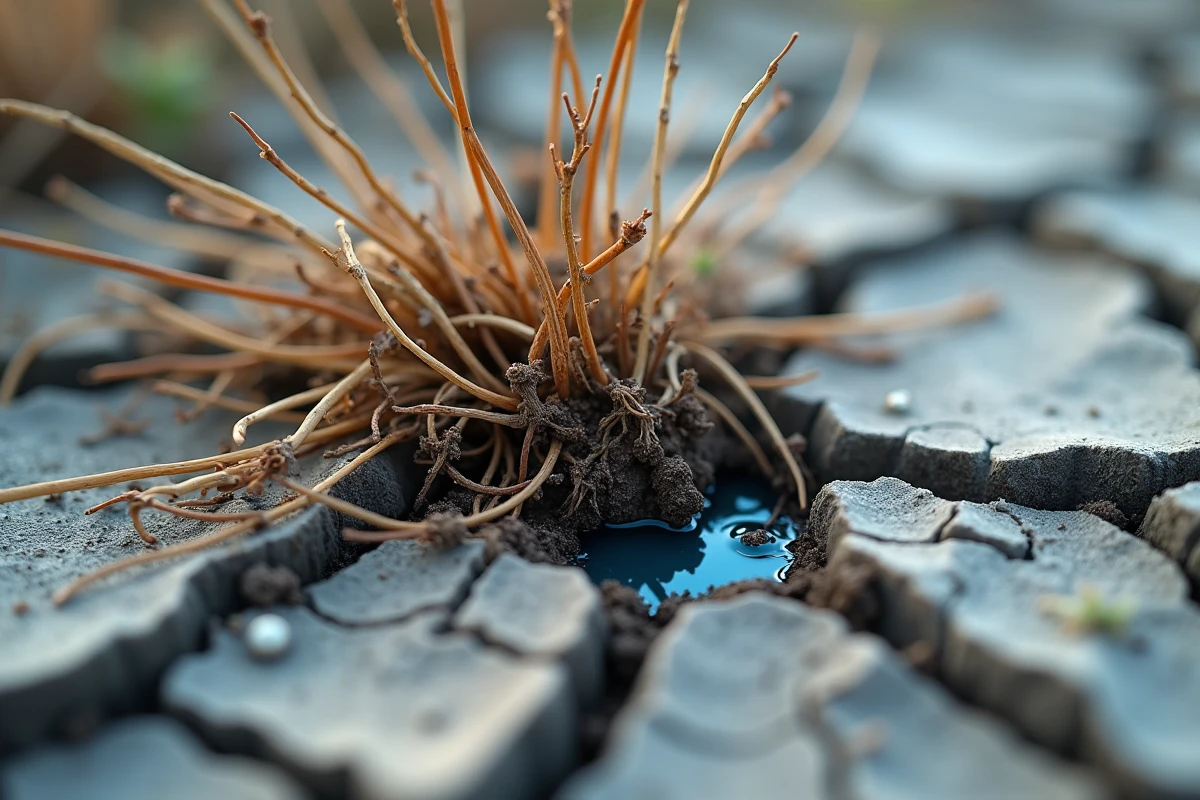 Gros plan sur un sol fissuré avec des mauvaises herbes mortes et une trace de liquide AdBlue utilisé comme désherbant