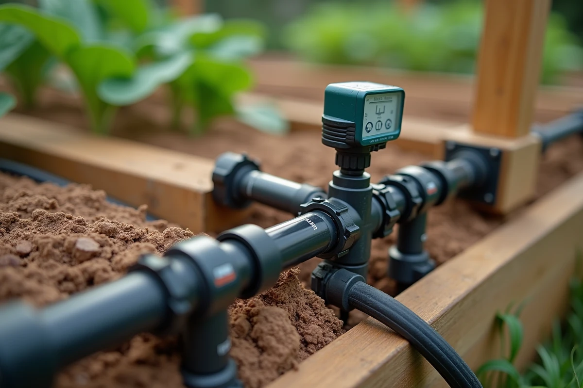 Gros plan sur un système d'arrosage goutte-à-goutte avec minuterie et connecteurs installés dans un potager