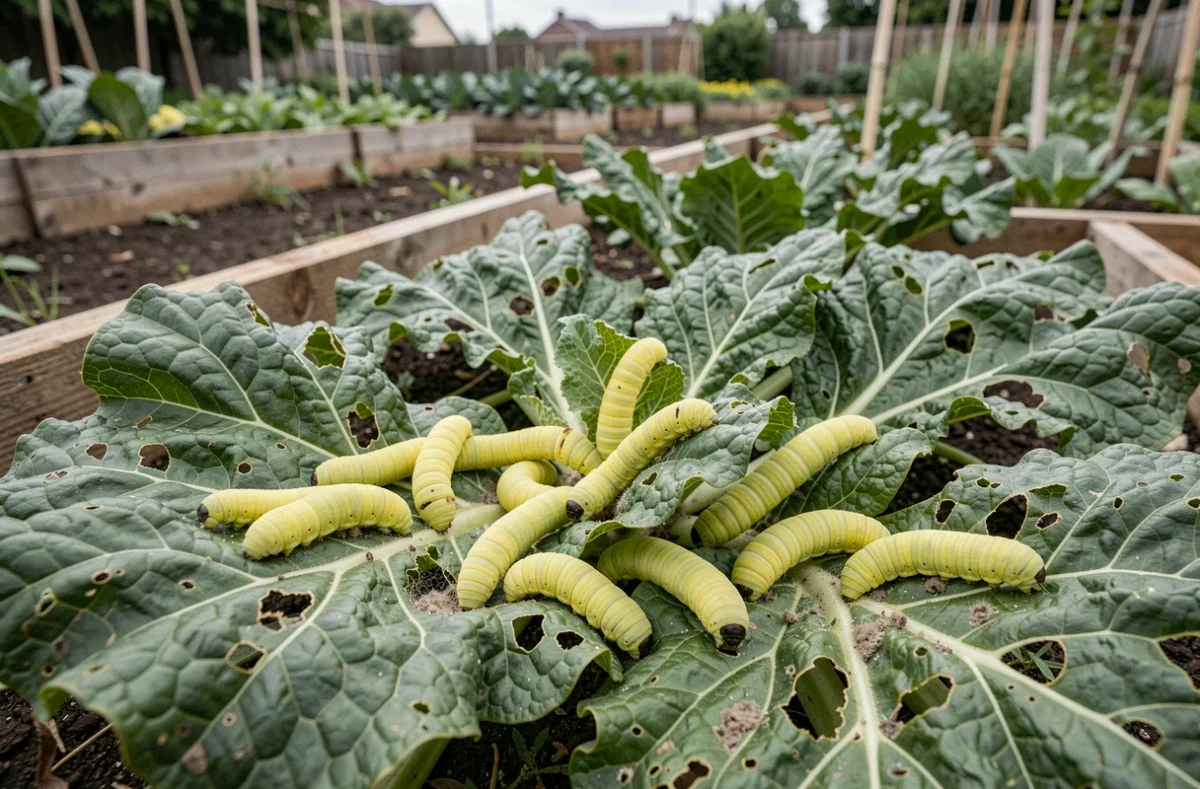Groupe de chenilles jaunes et vertes sur des feuilles de chou frisé endommagées dans un jardin potager