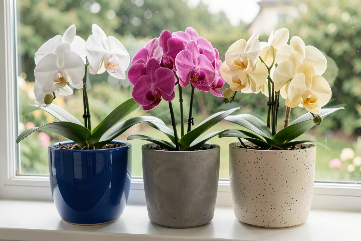 Trois pots d'orchidées en céramique aux couleurs variées groupés sur un rebord de fenêtre dans un salon lumineux