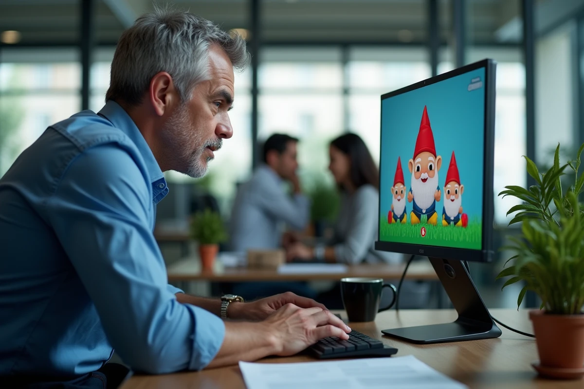 Homme au bureau consultant un ordinateur avec le jeu Google nain de jardin bloqué sur l'écran