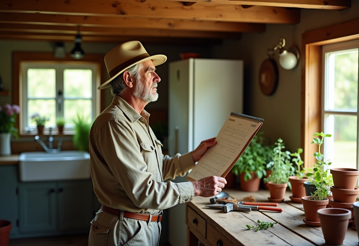 Homme âgé consulte calendrier de jardinage intérieur