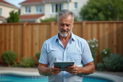 Homme d'âge moyen examine un plan de piscine sur tablette