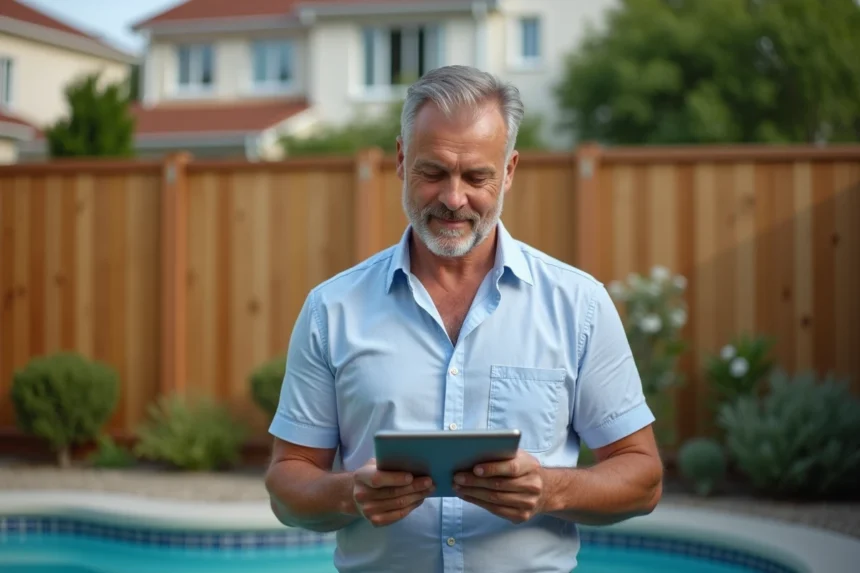 Homme d'âge moyen examine un plan de piscine sur tablette