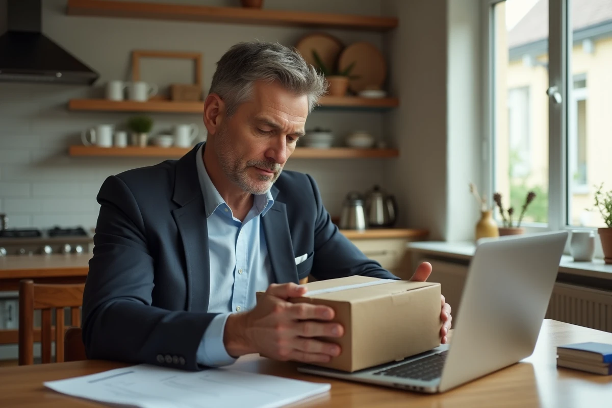 Homme déballant une commande en intérieur avec ordinateur
