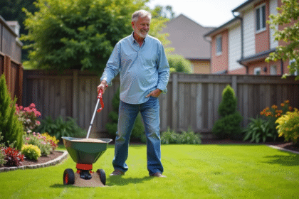 Homme d'âge moyen épandant de l'engrais sur la pelouse