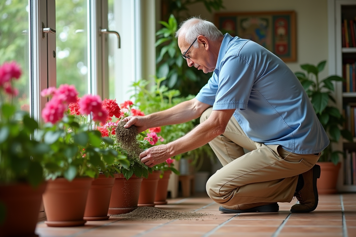 Homme âgé fertilisant des géraniums en intérieur lumineux