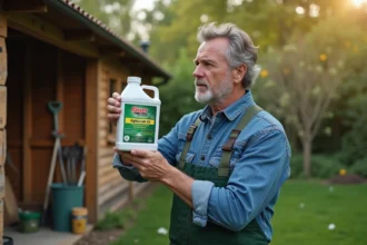 Homme d'âge moyen examinant une bouteille de glyphosate dans le jardin