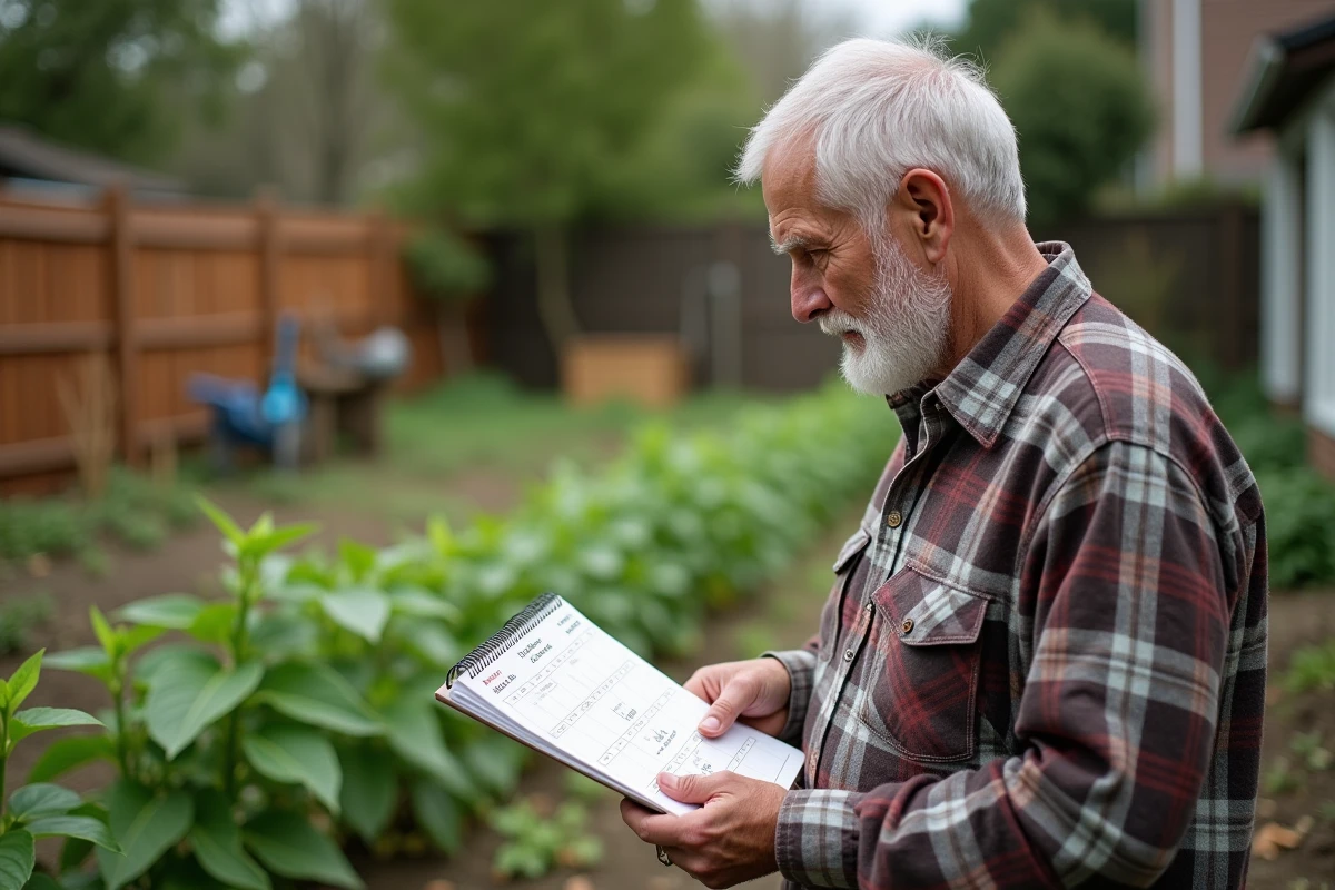 Homme âgé regardant un calendrier de plantation dans le jardin