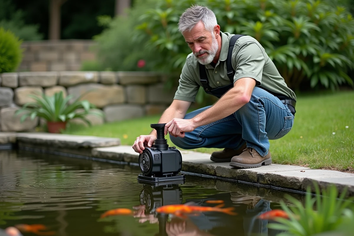 Homme d'âge moyen examine une pompe de bassin dans un jardin