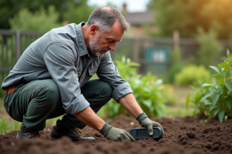 Homme d'âge moyen examine le sol avec un testeur numérique