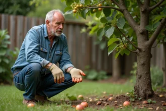 Homme d'âge moyen examine un figuier dans son jardin