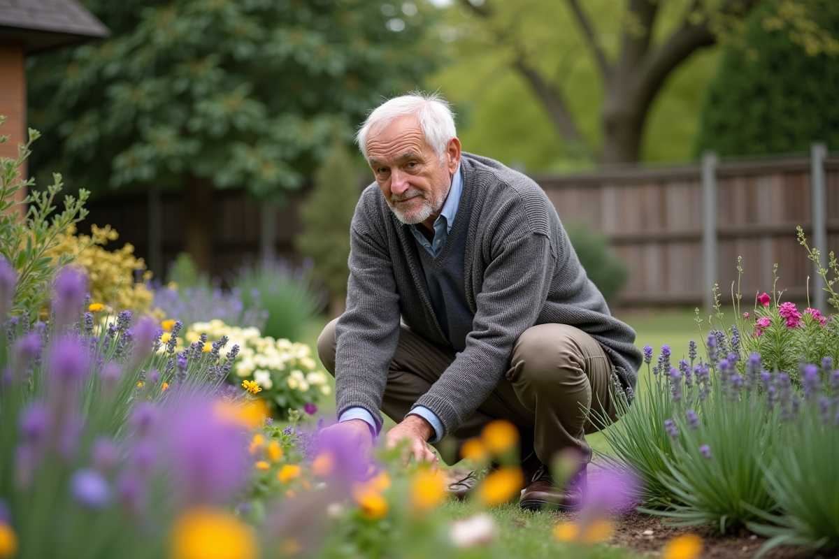 Homme âgé dans un jardin avec fleurs variées