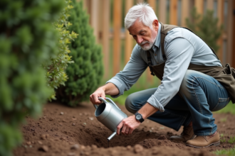 Homme en vêtements de jardinage versant une solution dans un nid de fourmis